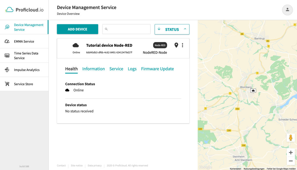 Once a connection is established, the connection indicator below the Device Node becomes green and the device will show up as online in the Proficloud.io Device Management Service.