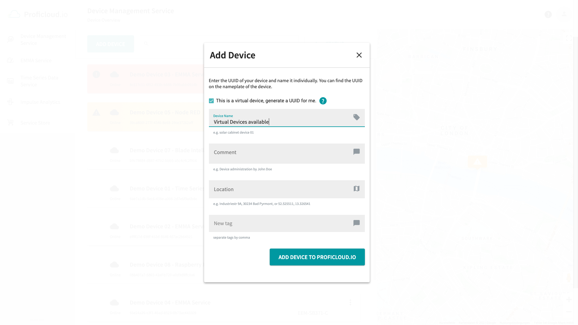 In addition to physical hardware from Phoenix Contact, virtual devices can also be added, representing third-party devices, for example, which can connect to Proficloud.io.