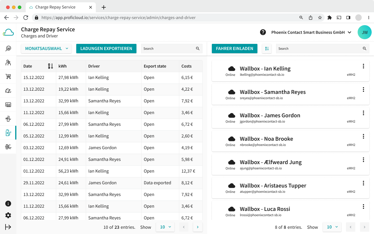 You have the ability to view all charges relevant to billing in the Admin view of the Charge Repay service. Furthermore, all connected wallboxes are displayed.