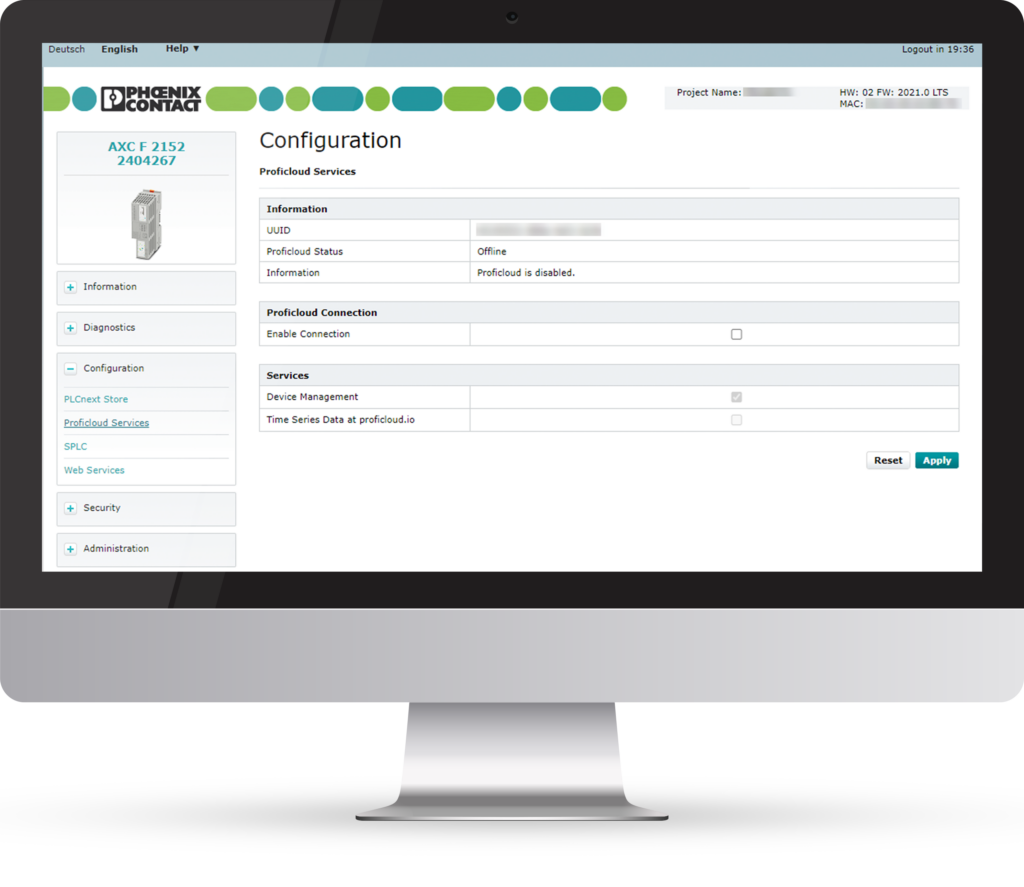 WBM of a Proficloud capable device from PLCnext