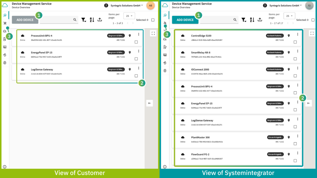 Side-by-side view of device management in Proficloud.io for customer and system integrator, featuring device lists and role management functions.