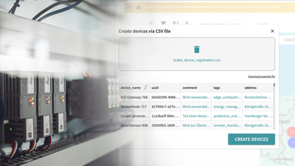 Device cabinet with overlay showing CSV upload interface for bulk device registration in the Device Management Service on Proficloud.io