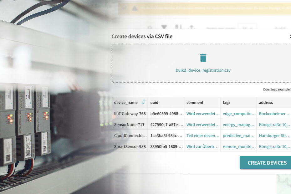 Device cabinet with overlay showing CSV upload interface for bulk device registration in the Device Management Service on Proficloud.io
