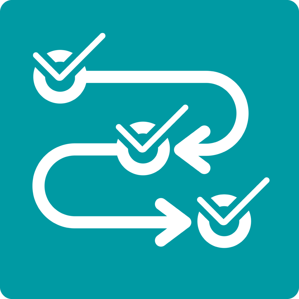 A visual path made of arrows with several stops along the way. Each stop is marked with a green checkmark, representing successfully completed update steps.