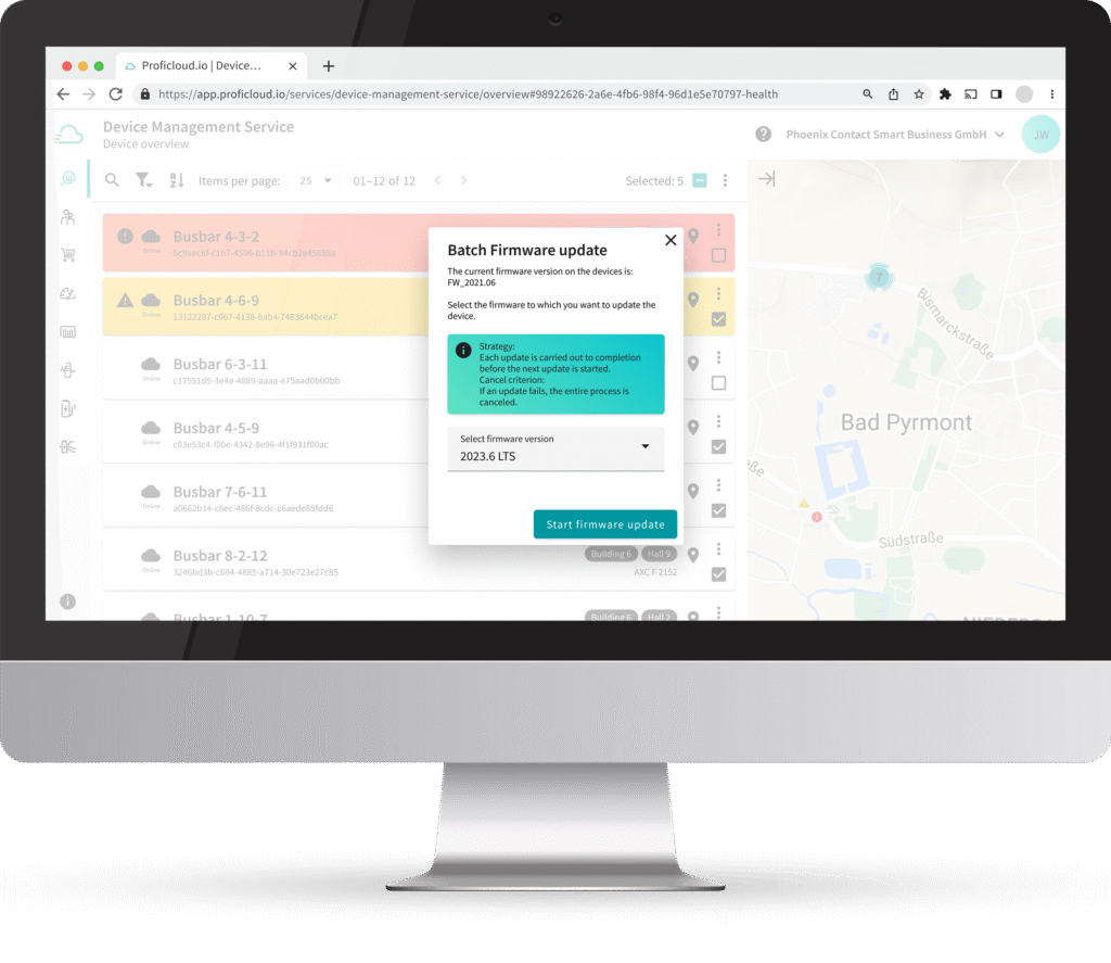 Start window for a batch firmware update in the Device Management Service on Proficloud.io with selectable firmware version