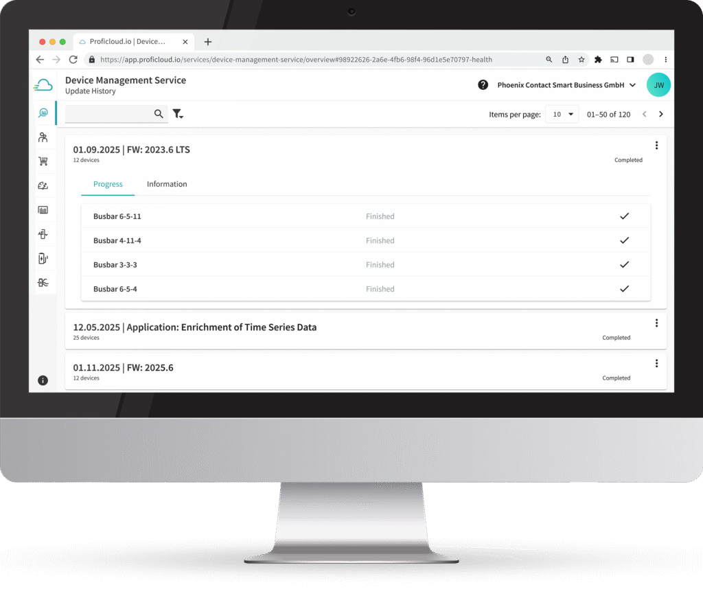 Detail view of a fully completed batch update with finished device entries in the Device Management Service