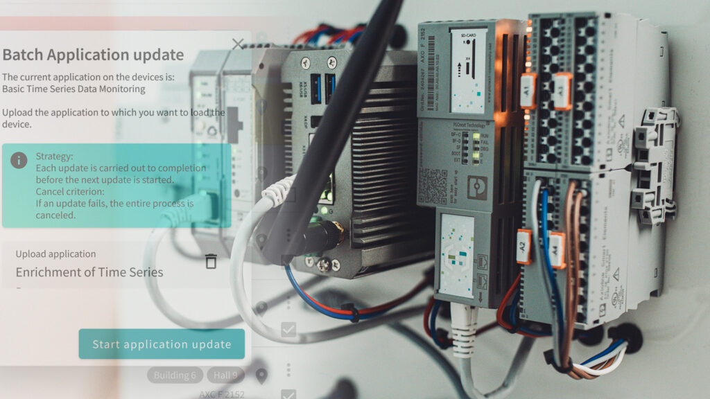 Photo of PLCnext controllers and industrial edge devices with an overlaid batch application update interface showing the start of a time series data enrichment process.