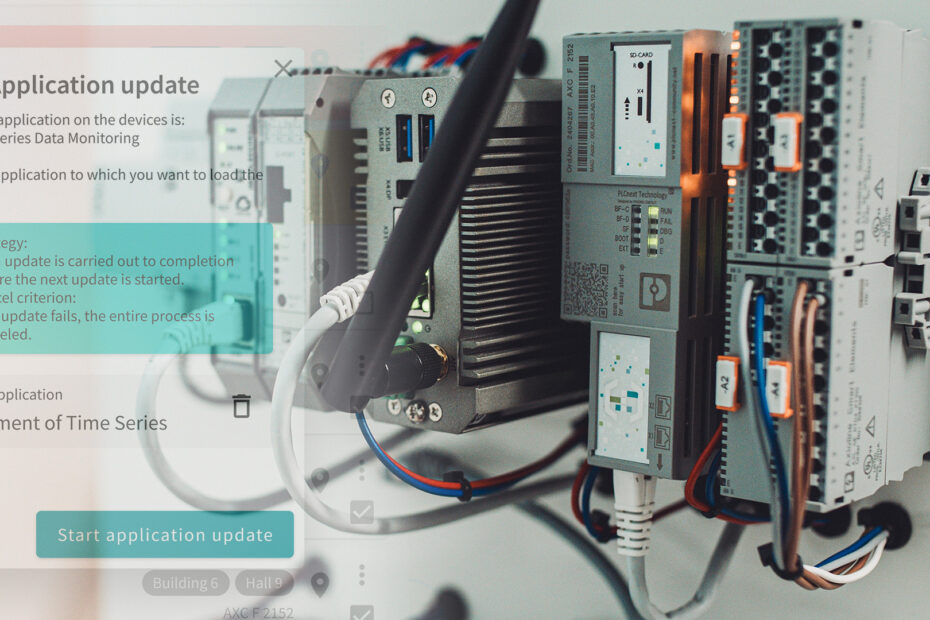 Photo of PLCnext controllers and industrial edge devices with an overlaid batch application update interface showing the start of a time series data enrichment process.