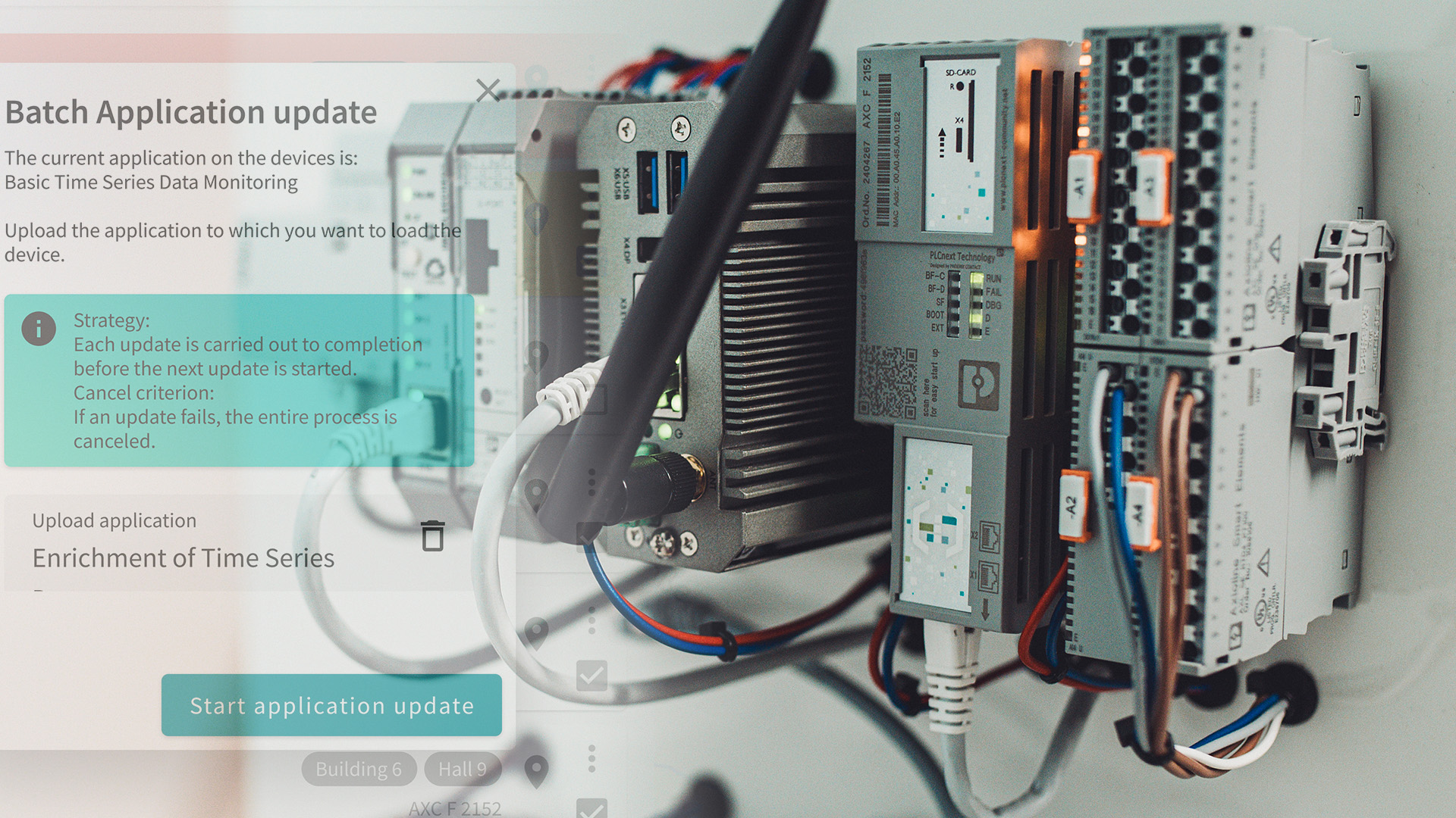 Photo of PLCnext controllers and industrial edge devices with an overlaid batch application update interface showing the start of a time series data enrichment process.