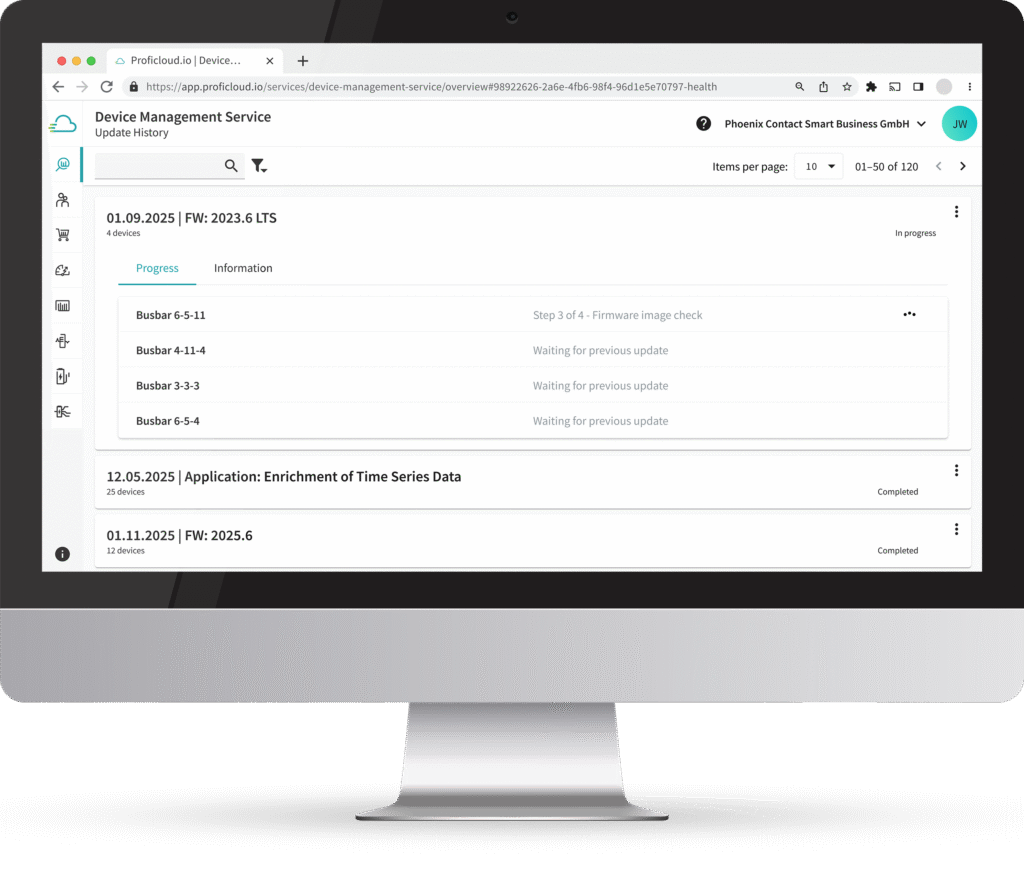 Screenshot of the Proficloud.io Device Management Service interface showing ongoing and completed firmware updates for multiple industrial devices.