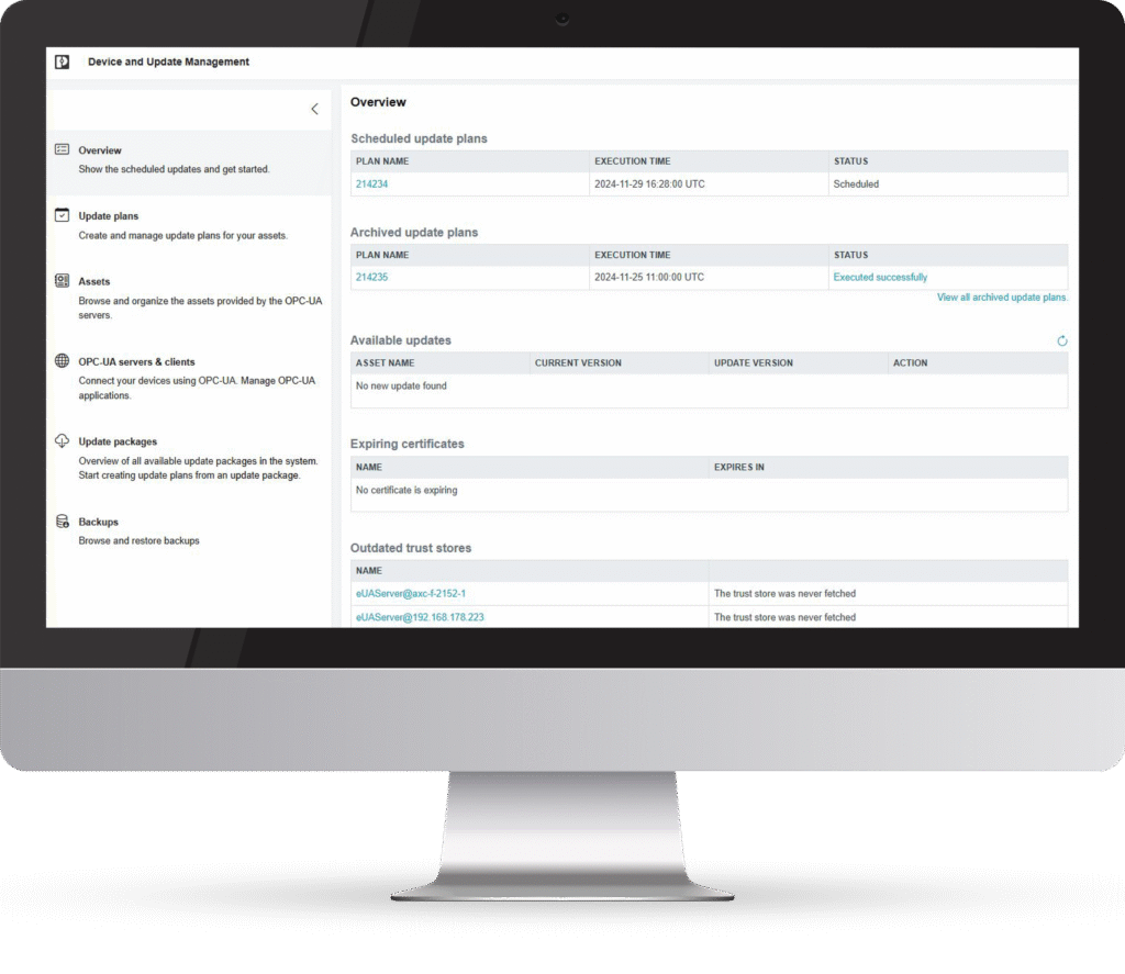 Screenshot of the Device and Update Management interface showing scheduled updates, assets, certificates, and backup options for PLCnext controllers.