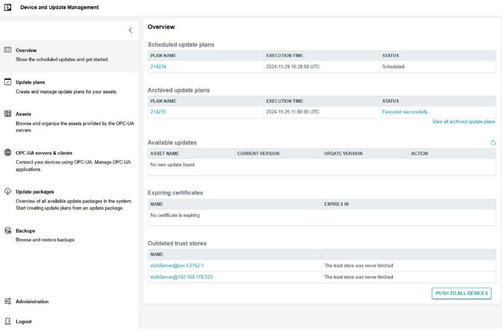 Screenshot of the Device and Update Management dashboard displaying update schedules, asset information, and certificate status for PLCnext controllers.