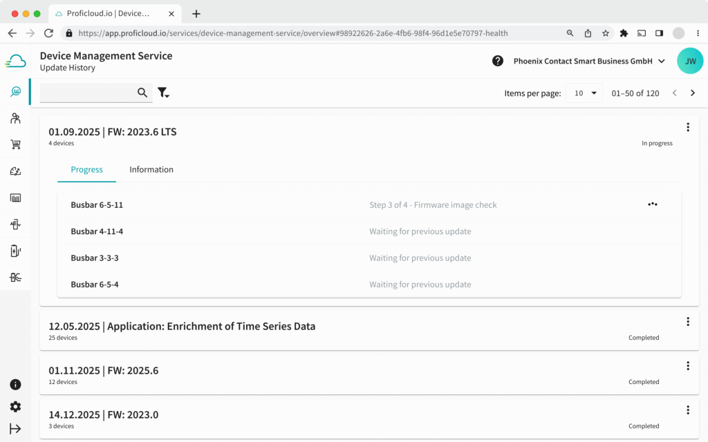 Screenshot of the Proficloud.io Device Management Service interface displaying firmware update progress for several connected devices.