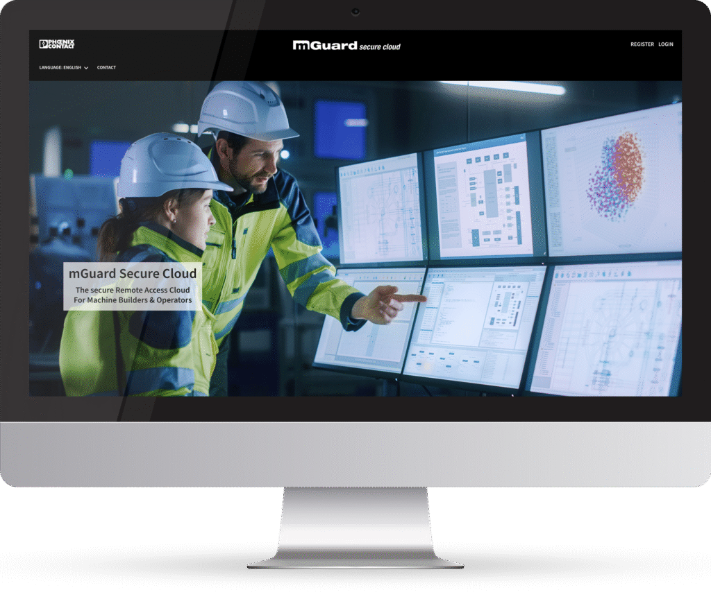 Screenshot of the mGuard Secure Cloud interface showing two engineers monitoring and controlling industrial systems via multiple screens.